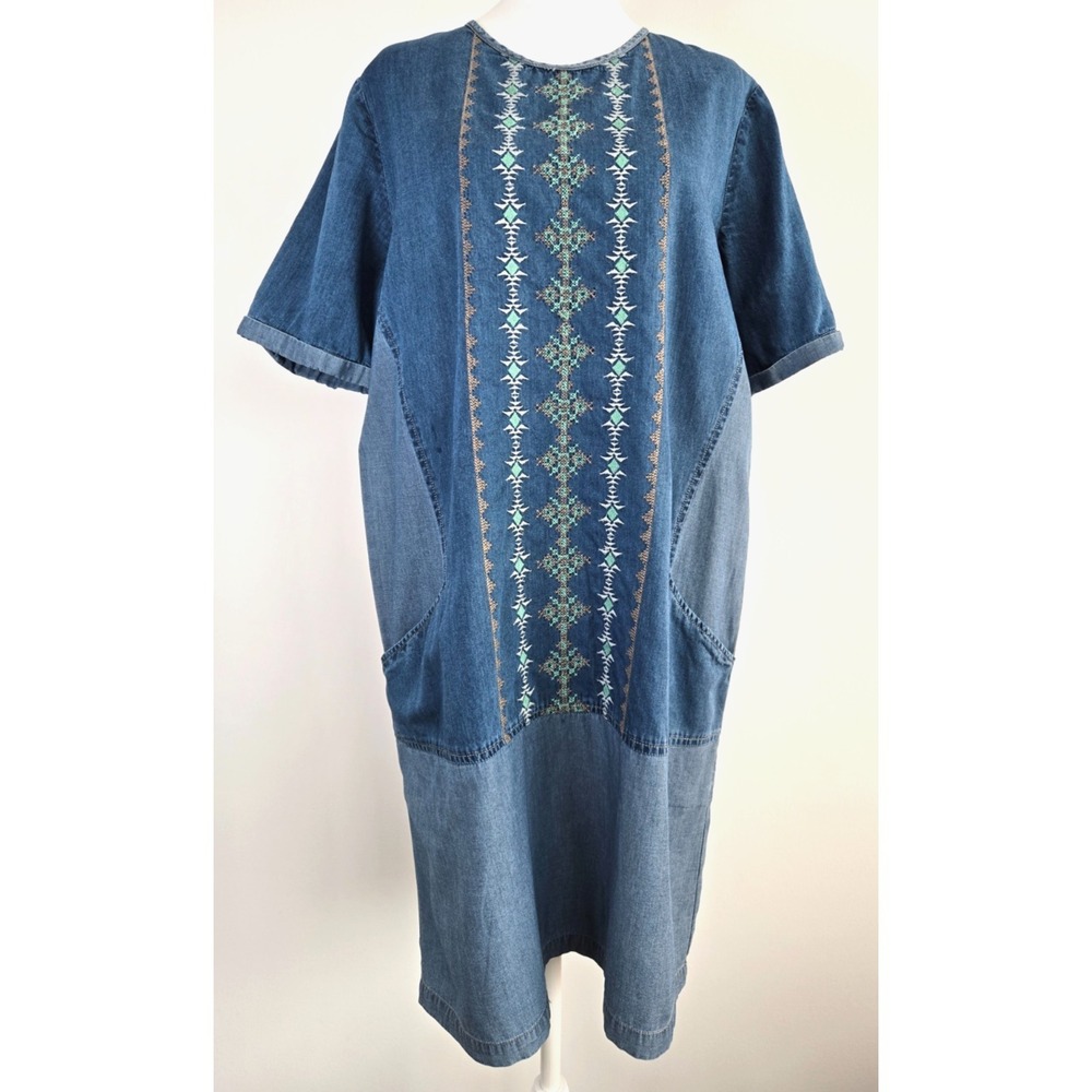 Embroidered Shirt Dress Midi Cotton Denim‎ Round Neck Short Sleeves